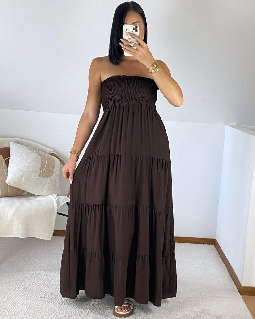 Robe longue bustier à volants