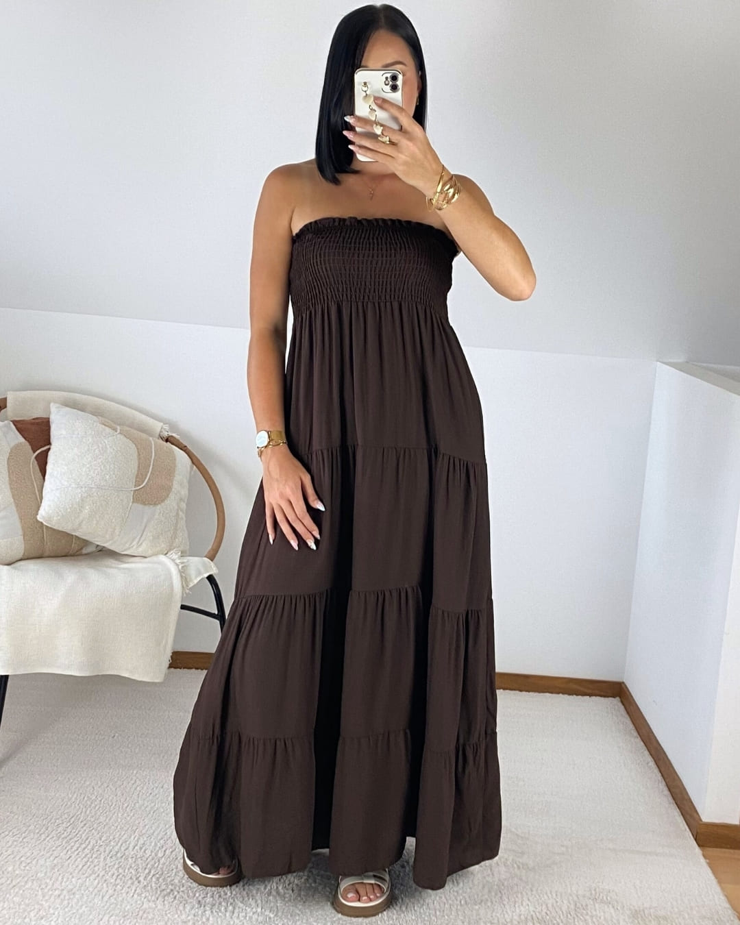 Robe longue bustier à volants