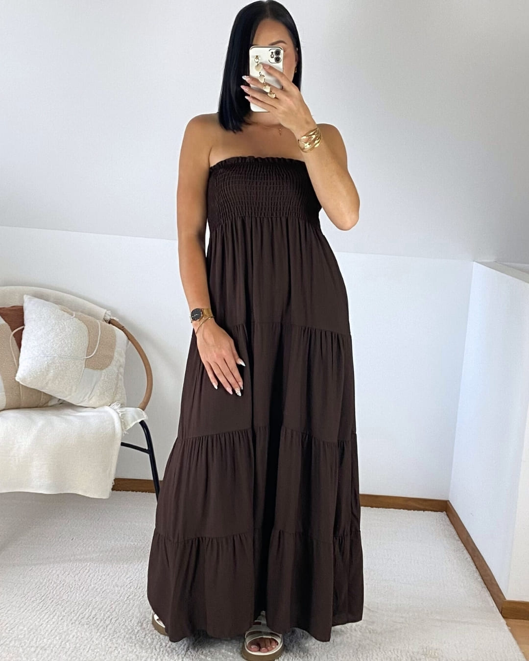 Robe longue bustier à volants
