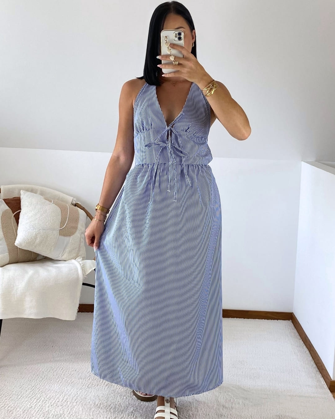 Robe longue dos nu à rayures