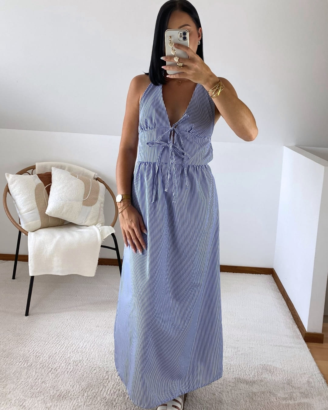 Robe longue dos nu à rayures
