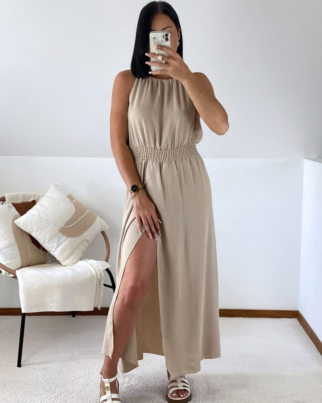 Robe longue taille smockée & fente
