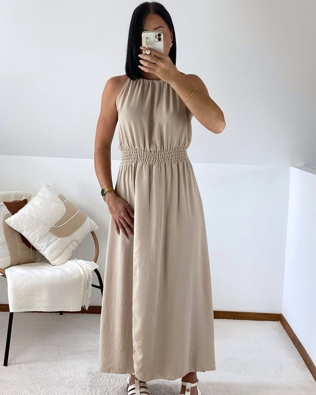 Robe longue taille smockée & fente