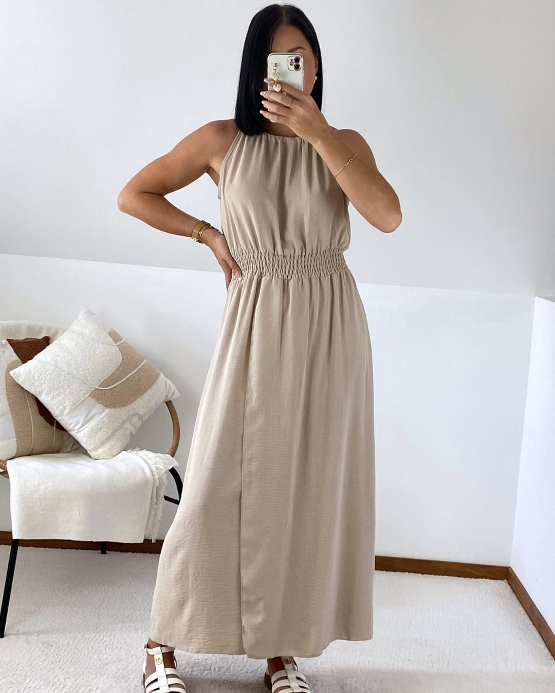 Robe longue taille smockée & fente