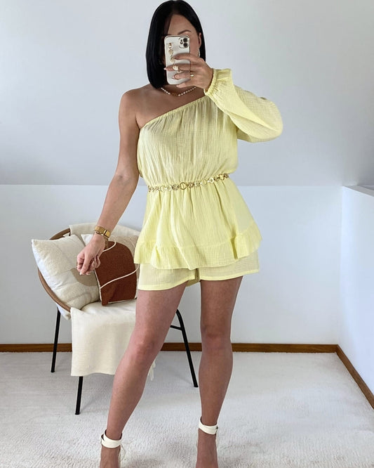 Cotton gauze playsuit - off the shoulder