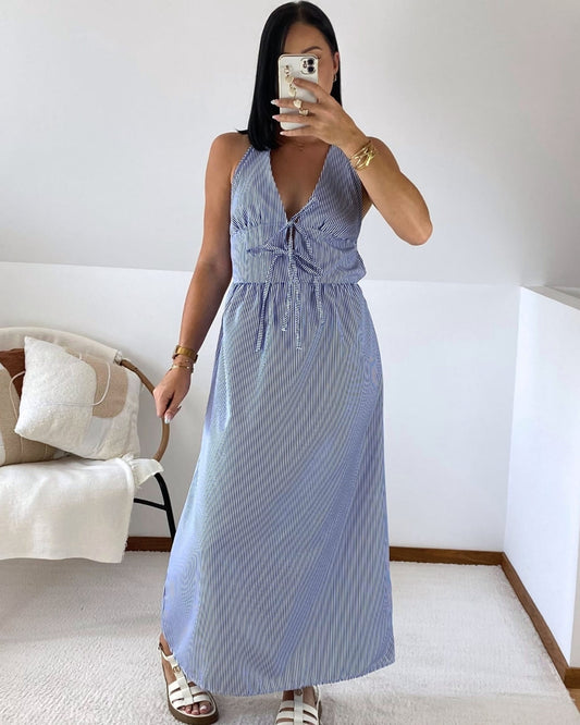 Robe longue dos nu à rayures