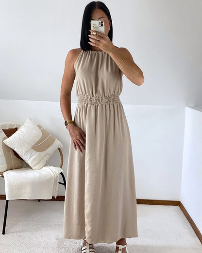 Robe longue taille smockée & fente